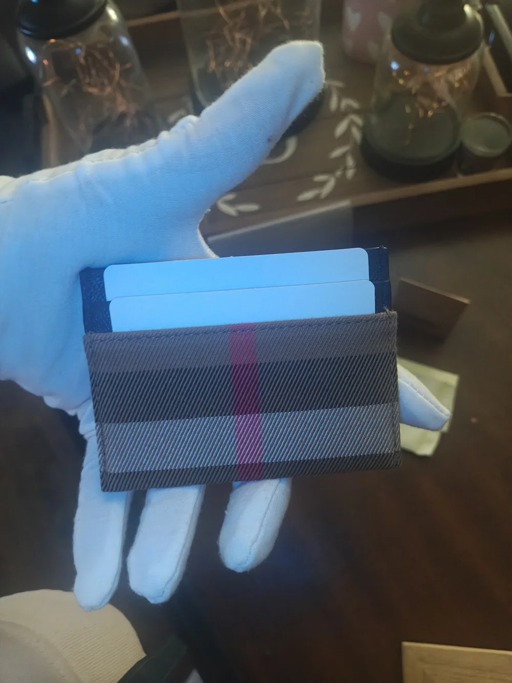 Burberry Tan Check Card Holder with Red Accent Stripe - Picture 5 of 10